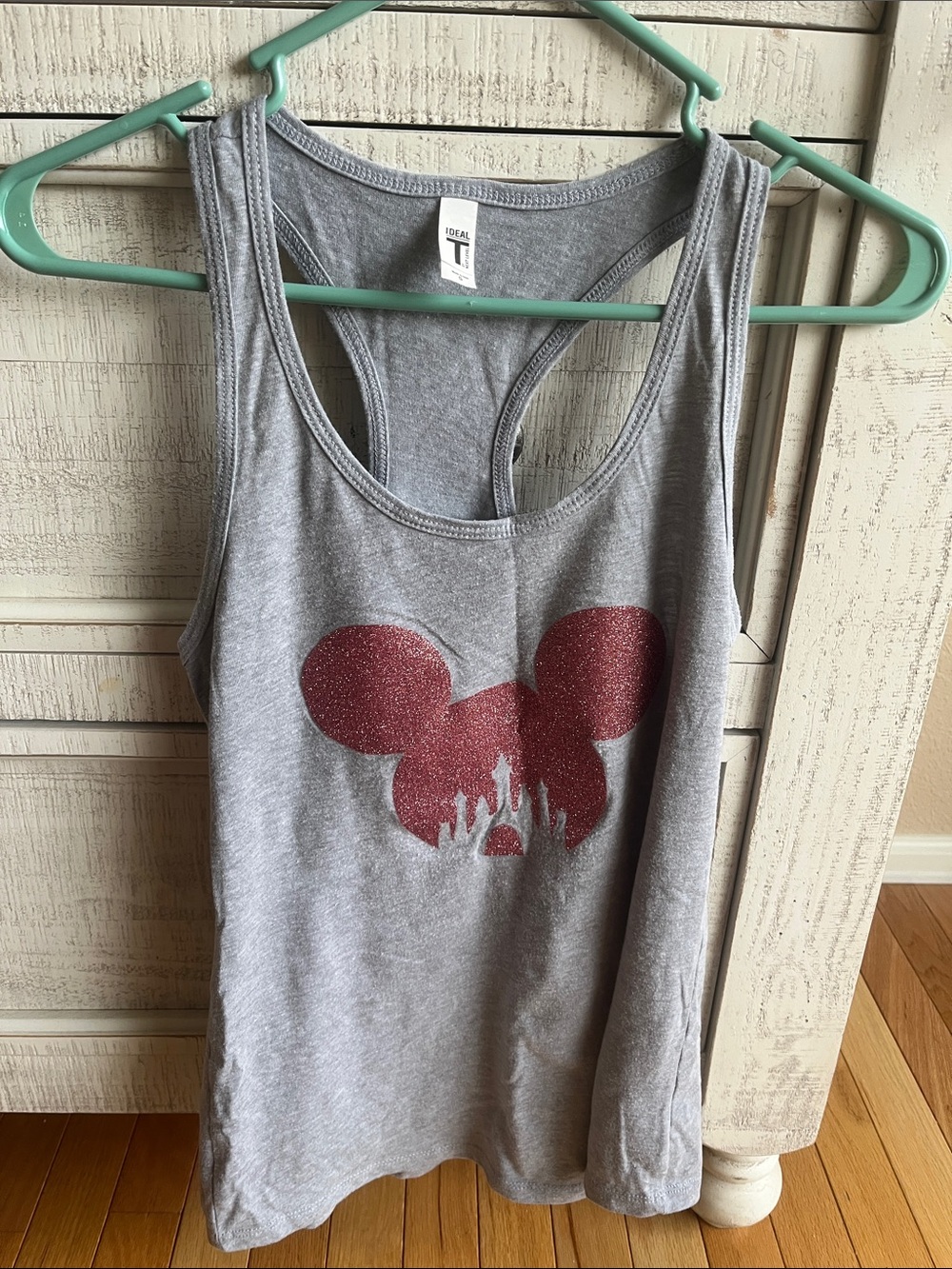 Womens Gray Racerback Tank Top with Pink Glitter Icon